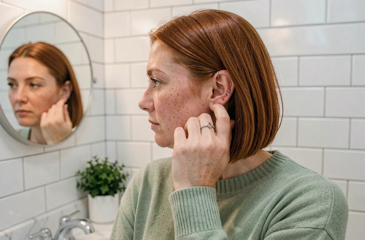 Femme avec plusieurs piercings à l'oreille examinant ses bijoux dans un miroir à domicile