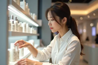 Employée L'Oréal consultant des produits cosmétiques lors d'une vente au personnel