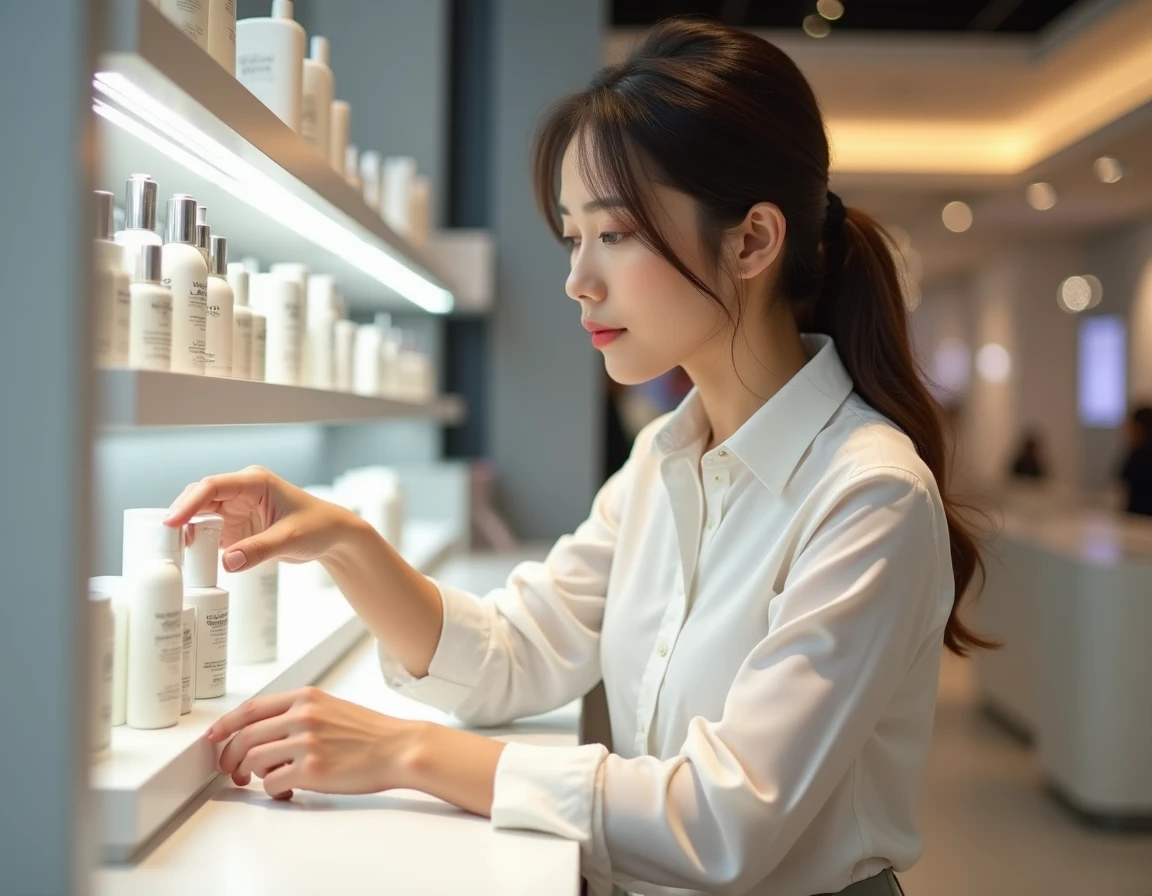 Employée L'Oréal consultant des produits cosmétiques lors d'une vente au personnel