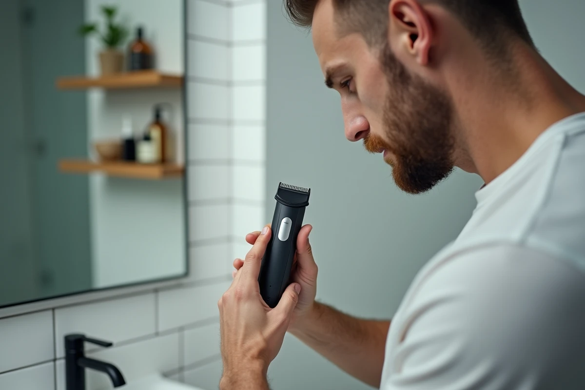 Homme tenant une lame de rasoir OneBlade 360 devant un miroir de salle de bain pour vérifier la compatibilité