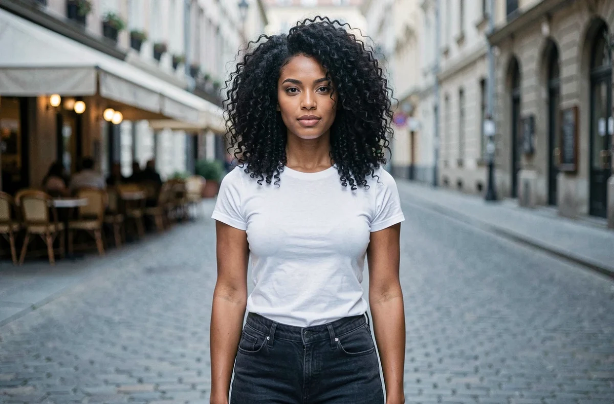 Jeune femme aux cheveux bouclés épais coupe en couches wolf cut équilibrée sans volume triangulaire dans la partie basse