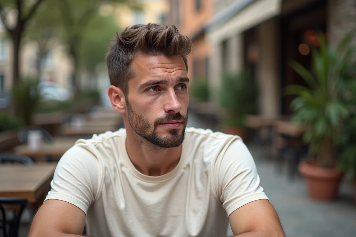 Portrait en extérieur d'un homme aux yeux hazel avec dégradé brun-vert visible dans l'iris, assis à une terrasse de café