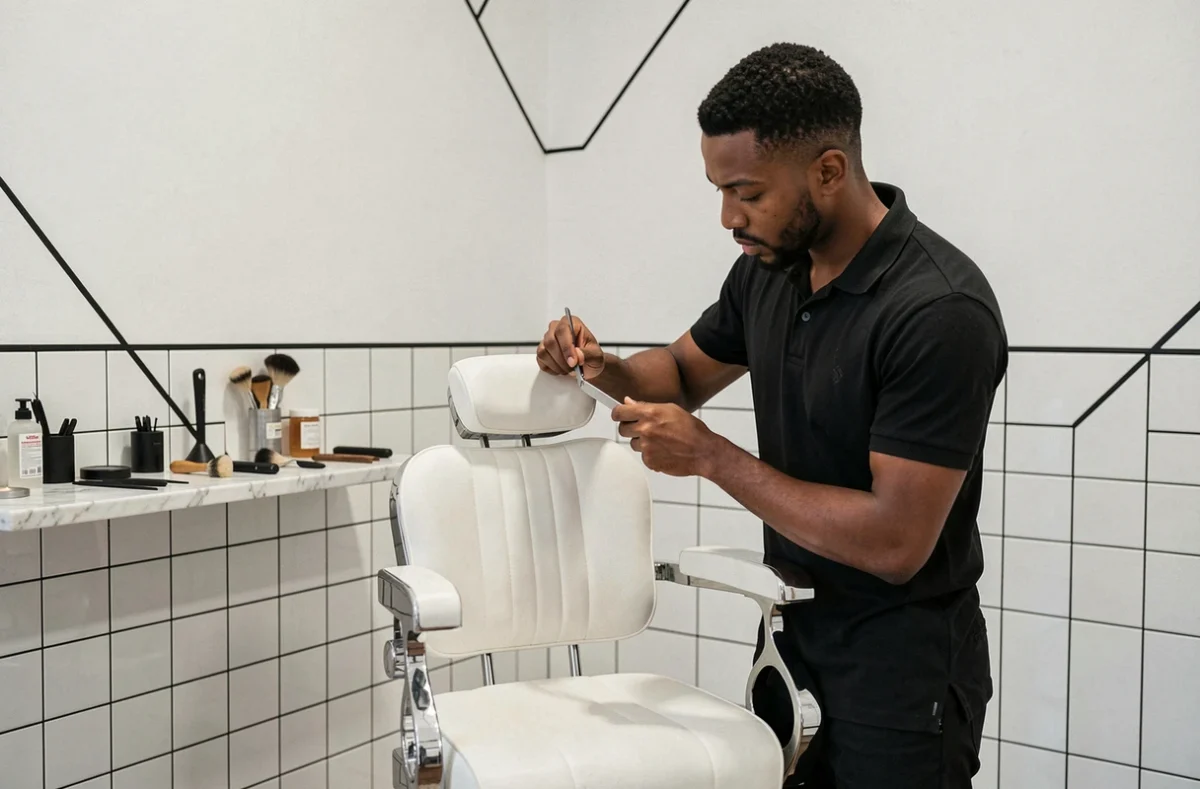 Zeneli Barbershop à Caen, barbier utilisant un rasoir droit pour dessiner la barbe d'un client dans un salon minimaliste blanc
